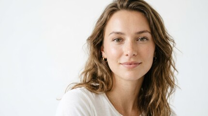 Naklejka premium A woman with long, wavy brown hair wearing a white top, standing against a white background.