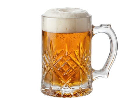A cold glass mug of golden beer with thick white foam head for a refreshing drink
