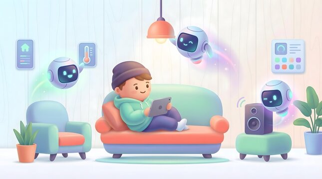 Future Ready Digital Living Smart Home Technology Illustration with AI Robots and Child on Tablet in Cozy Living Room Setting