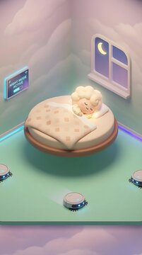 Future Ready Digital Living Dreamy Night Scene with Cloud-Shaped Character Sleeping in Futuristic Room with Smart Tech
