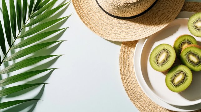 Flat lay of sliced kiwi fruit on white plate. Tropical green palm leaf, summer straw hat lie on light background. Minimalist composition with fresh juicy fruit for healthy food concept summer