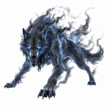 Fierce fantasy shadow wolf with glowing blue eyes and smoke energy isolated on white