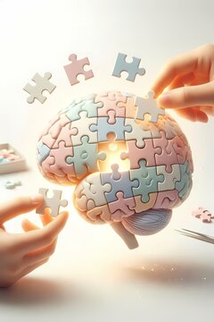 A neuroplasticity conceptual image of a brain made of puzzle pieces, with some pieces being replaced and reshaped by glowing hands, Ai generated image