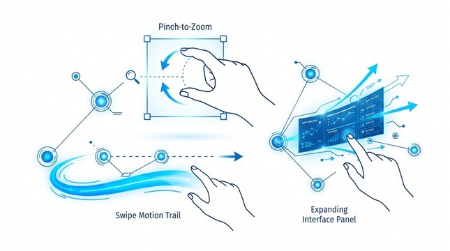 Abstract digital user interface touch gestures set featuring interactive screen navigation and dashboard control icons for modern technology