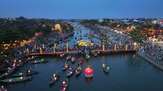 Aerial view of the Thu Bon River night scene in Hoi An Ancient Town, Vietnam