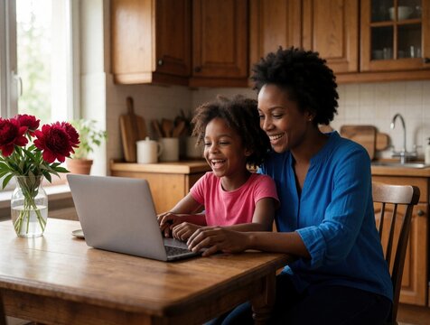 Happy African mother, young daughter use laptop computer at kitchen table. Black woman helps child with online learning watching video in cozy home. Smiling family shares joyful moment with digital