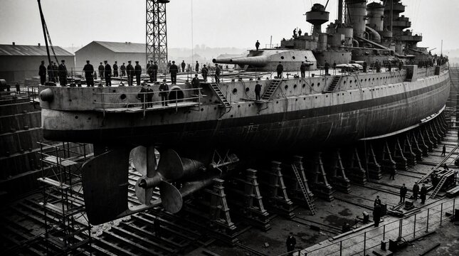 Massive warship in dry dock with workers, scaffolding on hull. Maritime engineering, naval construction, ship maintenance, old era shipbuilding, powerful vessel.