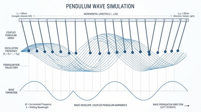 Dynamic visual representation of a pendulum wave simulation, illustrating coupled harmonic motion and wave propagation through precisely arranged oscillating systems