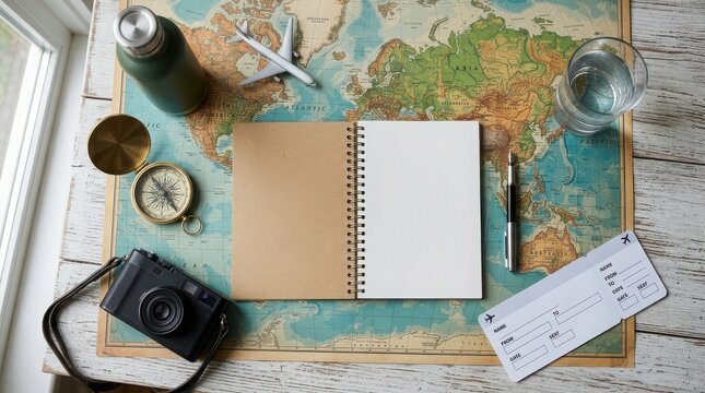 Travel planner notebook sits on a world map surrounded by vacation accessories.