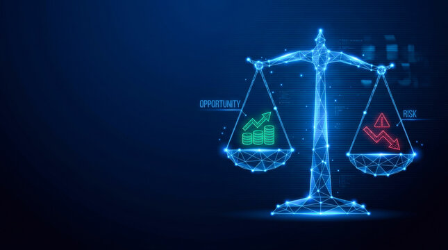 Glowing polygonal balance scale weighing opportunity and risk representing financial investment strategy, business decision making, and market volatility management.