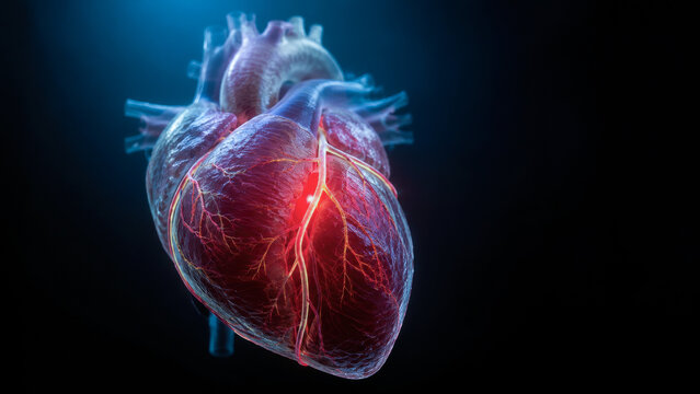 3D glowing human heart with a highlighted red coronary artery representing cardiovascular disease, cardiology medical diagnosis, and sudden heart attack danger.
