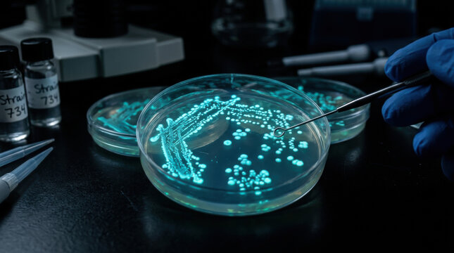 Scientist hand with an inoculating loop touching glowing blue bacterial colonies in a petri dish representing advanced microbiology research, genetic biotechnology, and clinical laboratory analysis.