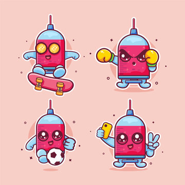Cute syringe characters vector illustration set featuring skateboarding trick, boxing pose, playing soccer, and taking a selfie.