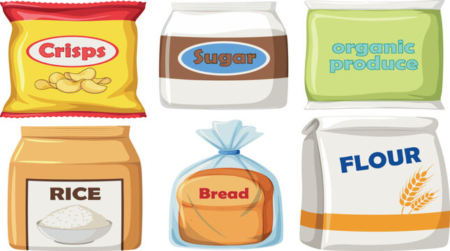Food packaging vector illustration set with crisps sugar organic produce rice bread and flour bag designs