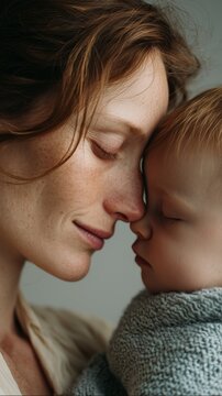 Close-up of a mother and baby sharing an intimate, affectionate moment, symbolizing love and maternal bond.