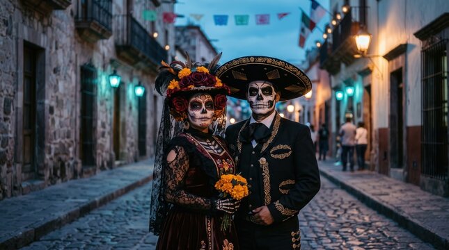 Couple celebrate Dia de los Muertos in traditional Catrina and charro attire on cobblestone street