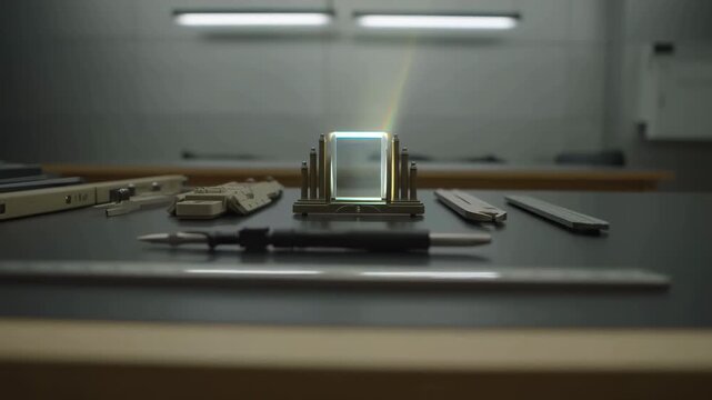 Transparent glass cube and metal elements arranged on dark tabletop as illuminated object remains centered while subtle reflections shift across modern geometric display setup in controlled studio
