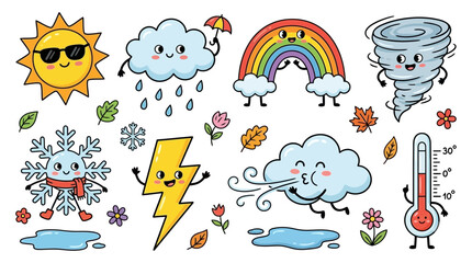 Fototapeta premium Adorable Hand Drawn Weather Doodle Elements Featuring Cute Climate Characters Funny Cartoon Style Kid Friendly Icons Set For Season Illustration Graphic Design Decoration
