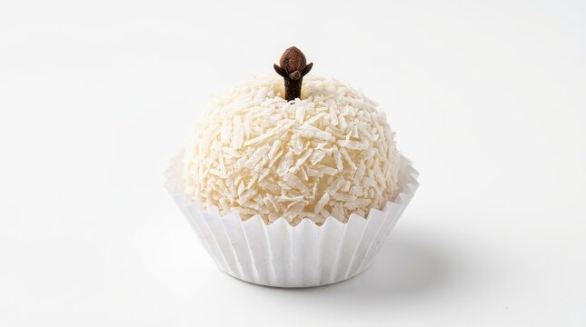 Traditional Brazilian Coconut Truffle Beijinho de Coco with Clove on White Background