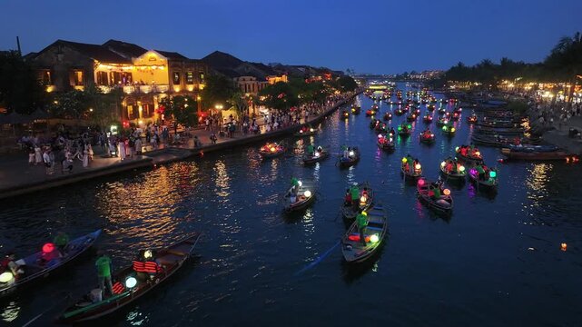 Aerial view of the Thu Bon River night scene in Hoi An Ancient Town, Vietnam