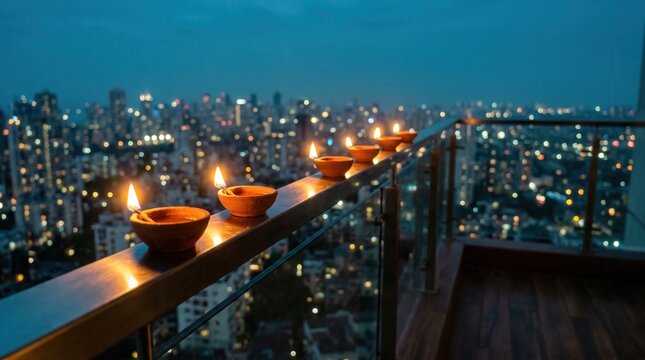 Diya oil lamp burn on balcony railing with blurred city light for Diwali celebration