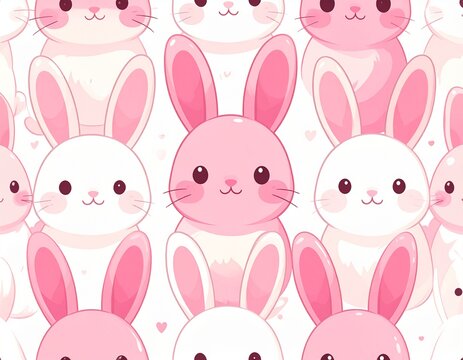 cute cartoon bunny rabbit 2d pattern, round fluffy body long ears
