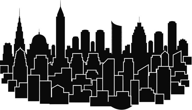 Modern City Skyline Silhouette Black and White Vector - Urban Landscape Illustration
