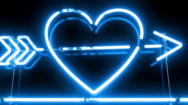 Neon blue heart pierced by an arrow, symbolizing love, romance, and passion, glowing against a dark