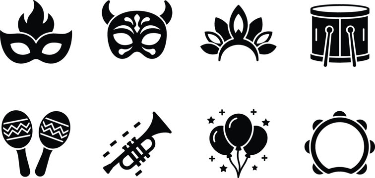 Carnival party icon set with celebration masks balloons and musical instruments silhouette vector graphics