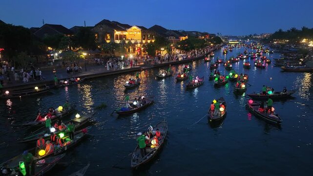 Aerial view of the Thu Bon River night scene in Hoi An Ancient Town, Vietnam