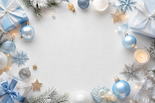 Blue and White Christmas Elements Flat Lay White Background with Cetnter Copy Space