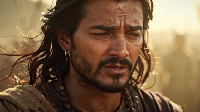 Intense Ancient Warrior with Sweat and Beads Standing Outdoors