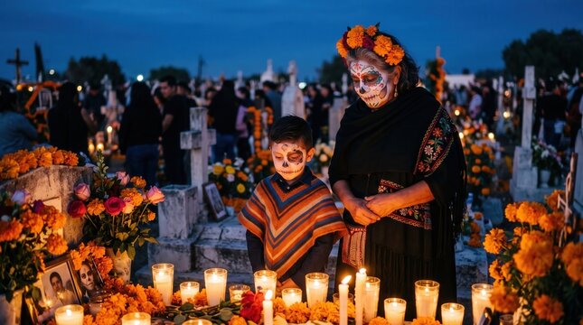 Woman and boy with sugar skull face paint honor ancestor in cemetery for Day of the Dead holiday