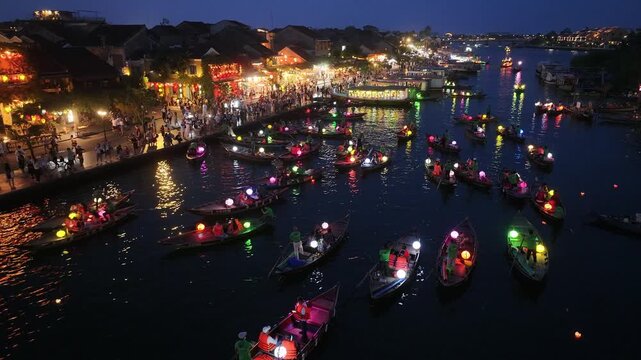 Aerial view of the Thu Bon River night scene in Hoi An Ancient Town, Vietnam