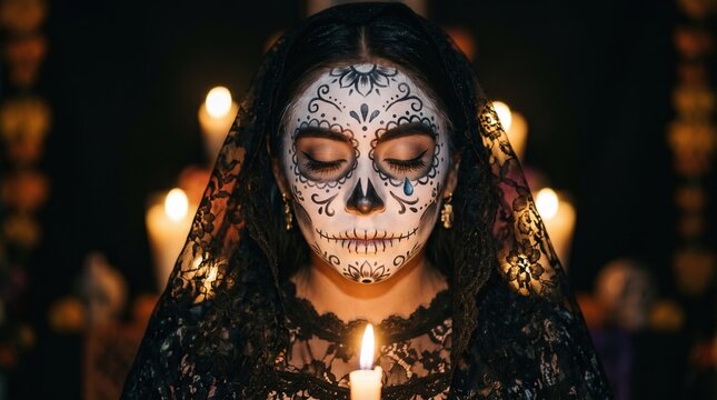 Woman wear calavera skull face paint and lace veil pray with candle for dia de los muertos memorial