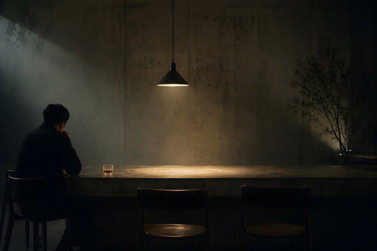 Lonely man sitting alone at long table with glass of drink in dark dim bar, representing loneliness and depression.