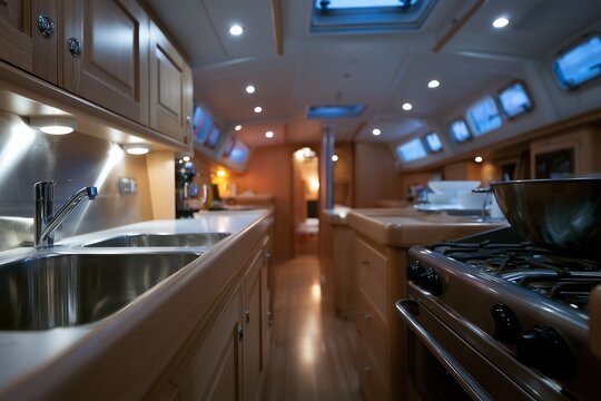 Elegant modern yacht kitchen featuring wooden cabinets, stainless steel appliances, and ambient lighting under skylit ceiling.