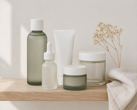 Minimalist Blank Skincare Packaging Collection on Wooden Shelf