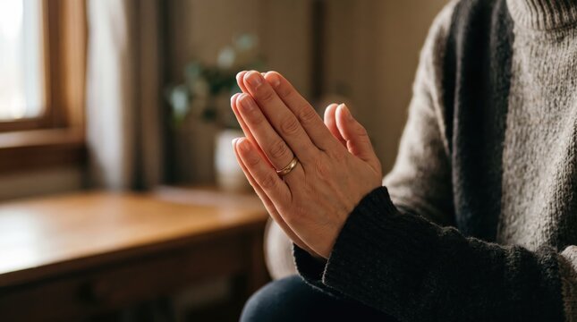 detail of person hands clasped together in prayer or meditation gesture, wearing a gold wedding ring on finger and cozy knitted sweater, symbolizing faith, spirituality, hope