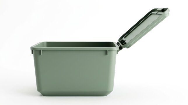 Open Green Plastic Storage Box Container with Lid Isolated on White Background for Home Organization and Storage Solutions