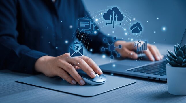 Futuristic of person using computer mouse with holographic interface showing cloud computing, email, and network connectivity icons floating above desk, representing advanced