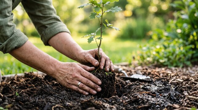 of gardener hands planting a young oak sapling into rich dark soil in a sunny garden, representing environmental conservation, sustainability, ecology, nature protection