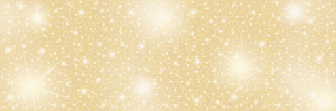 Gold champagne glitter gradient background. Circles shiny disco retro luxury subtle texture. Sparkling dust vintage glossy bg. Vector illustration