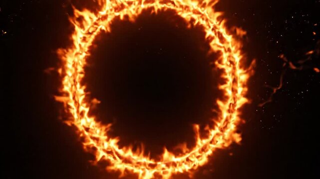 Intense Burning Ring of Fire Glowing on Black Background Motion Graphics.