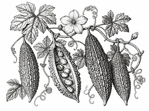Bitter Melon Plant with Fruits and Flower.
