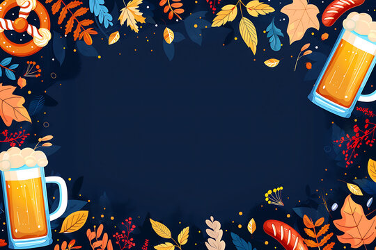 Creative Oktoberfest food vector border dark blue background with beer mug sausage for autumn festival flyer