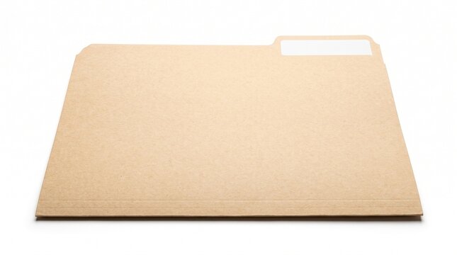 A single manila file folder with a blank white label on a tab, isolated on a white background
