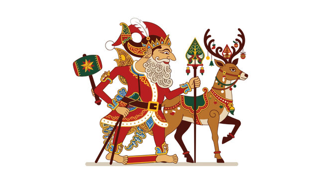 Santa Claus and reindeer character in Indonesian wayang kulit puppet style for Christmas