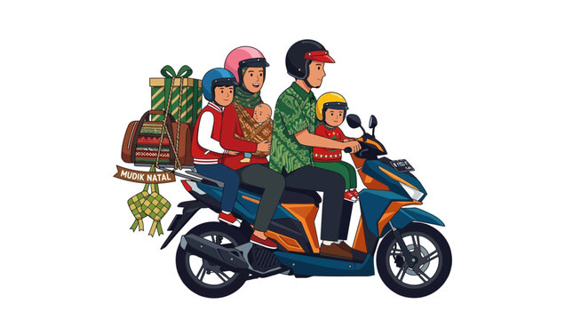 Indonesian family riding motorcycle for Christmas homecoming mudik holiday tradition