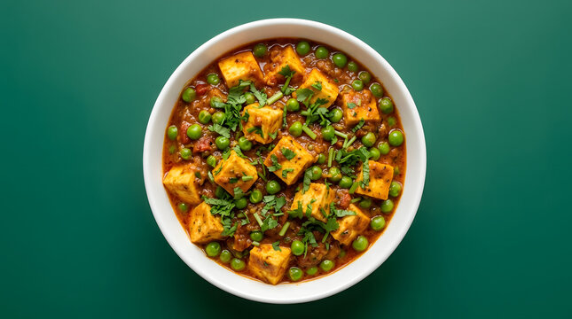 Bowl of matar paneer, soft paneer cubes and bright green peas.